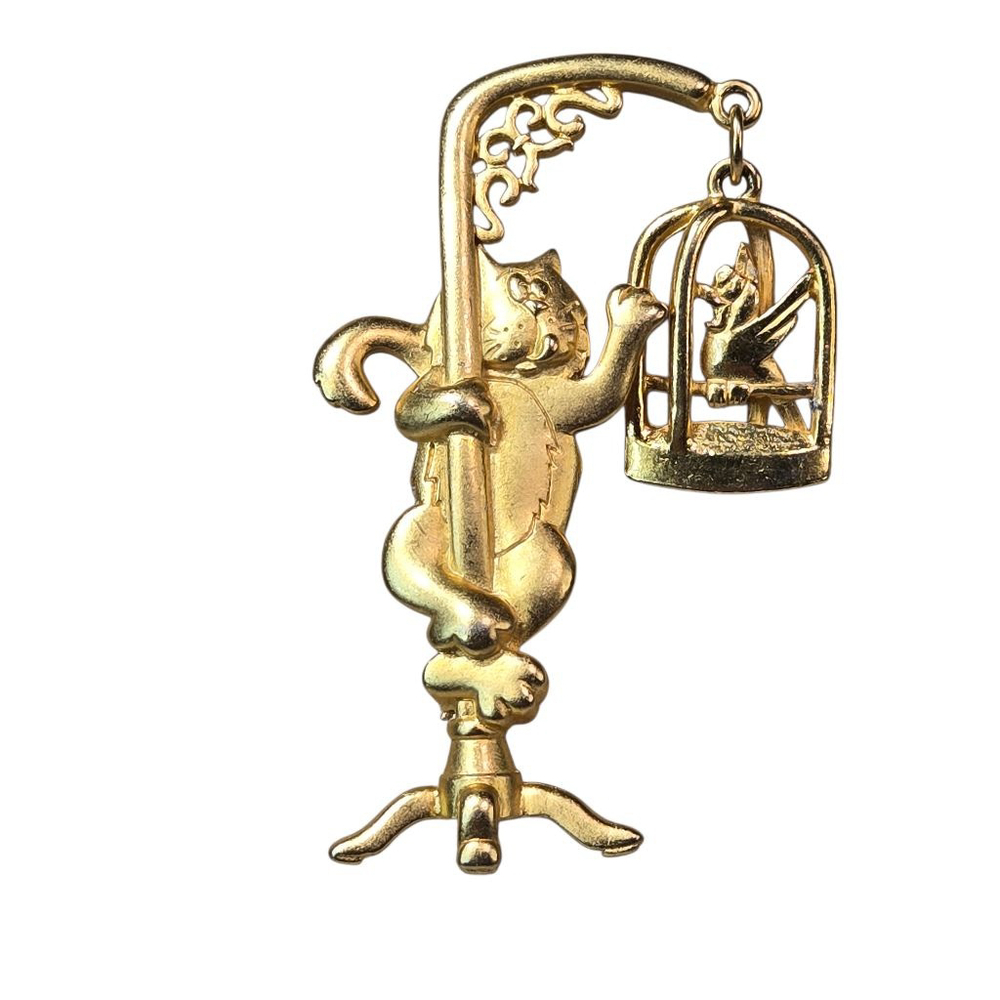 Vintage JJ Jonette Brooch Goldtone Climbing Cat and Bird Cage Charm Animal Pin